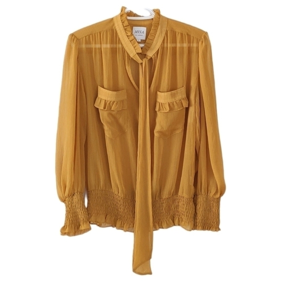 MISA Los Angeles ruffled collar puff sleeves mustard yellow viscose blouse Small - Picture 1 of 11